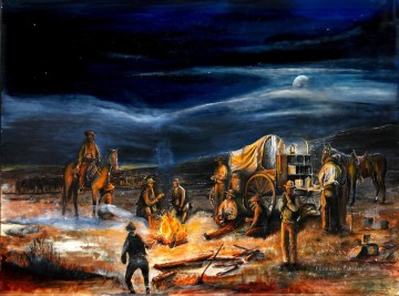 Le Chuck Wagon Nuit Lune Campfire par Rahming Peinture à l'huile